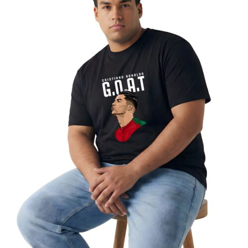 Cristiano Ronaldo GOAT Printed Plus Size Cotton T-Shirt for Men | Premium Round Neck Half Sleeve Tee | 2XL-7XL | Black & White - Image 2