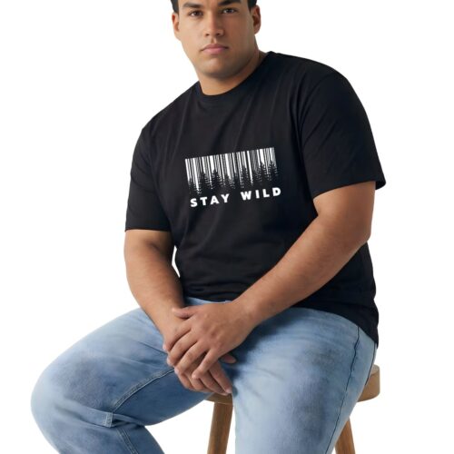 Men's Plus Size Cotton Stay Wild Printed T-Shirt | Forest Graphic Round Neck Casual Tee - Image 1