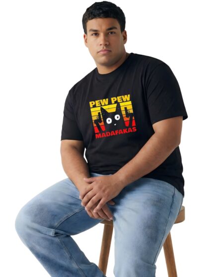 Funny Pew Pew Cat Graphic Plus Size Cotton T-Shirt for Men | 2XL-7XL