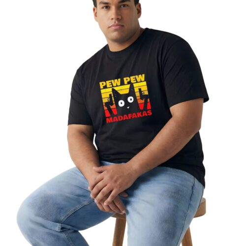 Funny Pew Pew Cat Graphic Plus Size Cotton T-Shirt for Men - Image 1