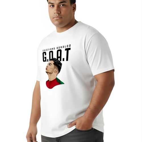 Cristiano Ronaldo GOAT Printed Plus Size Cotton T-Shirt for Men | Premium Round Neck Half Sleeve Tee | 2XL-7XL | Black & White - Image 10