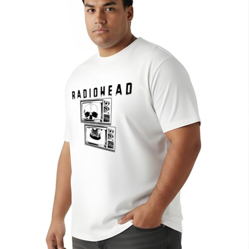 Men's Plus Size Cotton Radiohead Graphic Printed T-Shirt | Vintage Skull TV Design Round Neck Casual Tee - Image 11