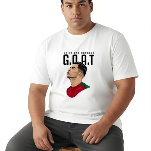 Cristiano Ronaldo GOAT Printed Plus Size Cotton T-Shirt for Men | Premium Round Neck Half Sleeve Tee | 2XL-7XL | Black & White - Image 11