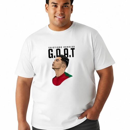 Cristiano Ronaldo GOAT Printed Plus Size Cotton T-Shirt for Men | Premium Round Neck Half Sleeve Tee | 2XL-7XL | Black & White - Image 12