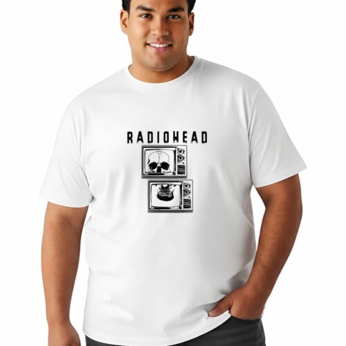 Men's Plus Size Cotton Radiohead Graphic Printed T-Shirt | Vintage Skull TV Design Round Neck Casual Tee - Image 13