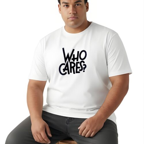 Plus Size Graphic Cotton T-Shirt for Men | Who Cares Print | Black & White - Image 5