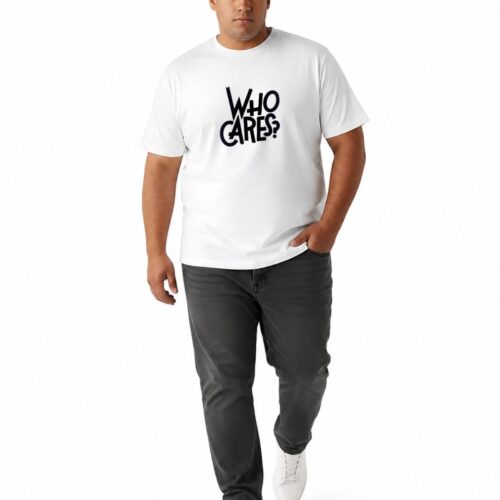 Plus Size Graphic Cotton T-Shirt for Men | Who Cares Print | Black & White - Image 3