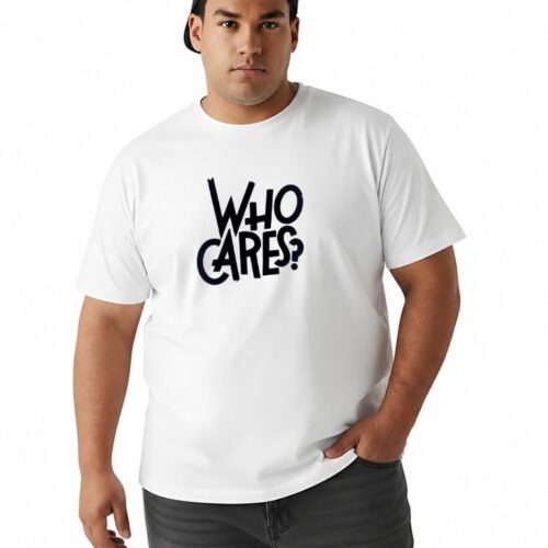 Plus Size Graphic Cotton T-Shirt for Men | Who Cares Print | Black & White - Image 2