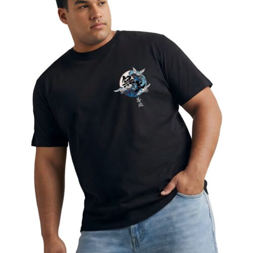 Men's Japanese Wave Graphic Printed Plus Size Cotton T-Shirt - Image 3