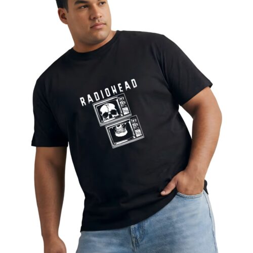 Men's Plus Size Cotton Radiohead Graphic Printed T-Shirt | Vintage Skull TV Design Round Neck Casual Tee - Image 3