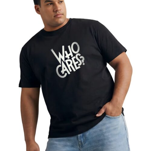 Plus Size Graphic Cotton T-Shirt for Men | Who Cares Print | Black & White - Image 1