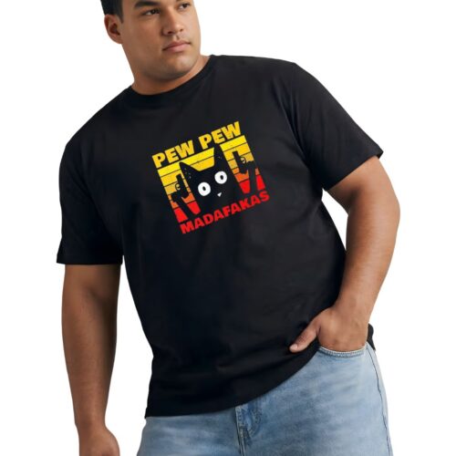 Funny Pew Pew Cat Graphic Plus Size Cotton T-Shirt for Men - Image 3