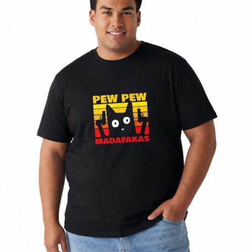 Funny Pew Pew Cat Graphic Plus Size Cotton T-Shirt for Men - Image 4