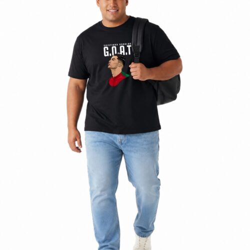 Cristiano Ronaldo GOAT Printed Plus Size Cotton T-Shirt for Men | Premium Round Neck Half Sleeve Tee | 2XL-7XL | Black & White - Image 5