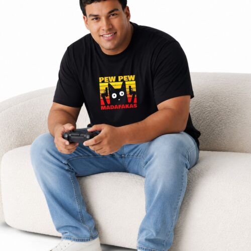 Funny Pew Pew Cat Graphic Plus Size Cotton T-Shirt for Men - Image 8