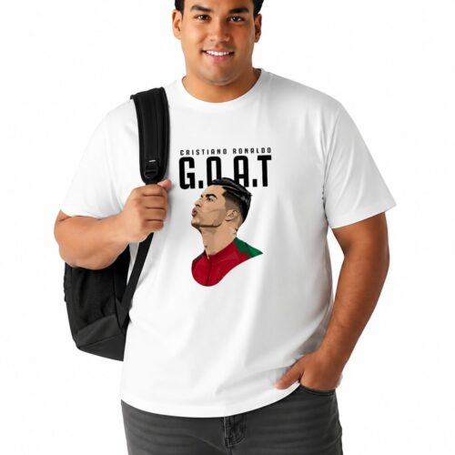 Cristiano Ronaldo GOAT Printed Plus Size Cotton T-Shirt for Men | Premium Round Neck Half Sleeve Tee | 2XL-7XL | Black & White - Image 1