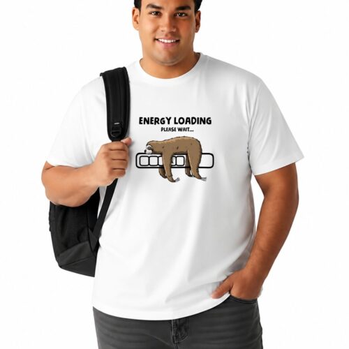 Men's Plus Size Cotton Printed T-Shirt | Energy Loading Sloth Graphic Casual Round Neck Tee - Image 1