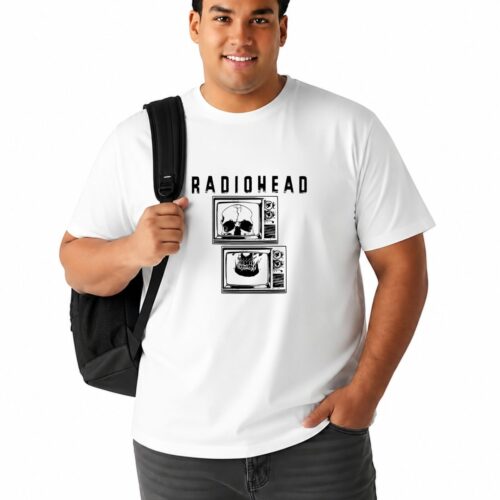 Men's Plus Size Cotton Radiohead Graphic Printed T-Shirt | Vintage Skull TV Design Round Neck Casual Tee - Image 10