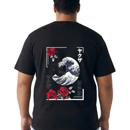 Men's Japanese Wave Graphic Printed Plus Size Cotton T-Shirt - Image 8