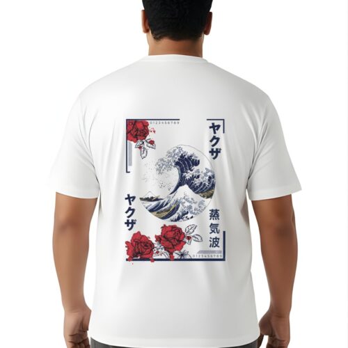 Men's Japanese Wave Graphic Printed Plus Size Cotton T-Shirt - Image 1
