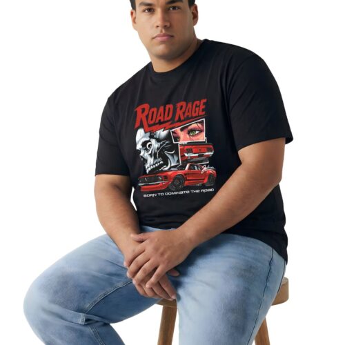 Road Rage Graphic Printed Plus Size Cotton T-Shirt for Men | Oversized Casual Round Neck Tee | Black & White | 2XL-7XL - Image 2
