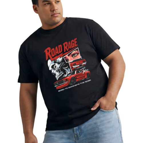 Road Rage Graphic Printed Plus Size Cotton T-Shirt for Men | Oversized Casual Round Neck Tee | Black & White | 2XL-7XL - Image 3