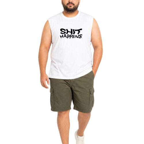 Men’s Plus Size Sleeveless Cotton T-Shirt – “Shit Happens” Graphic Print - Image 2
