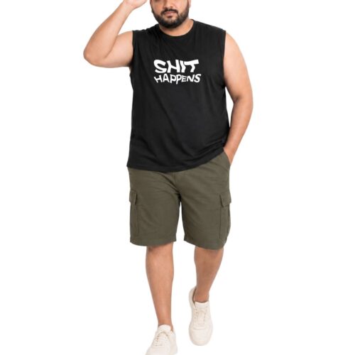 Men’s Plus Size Sleeveless Cotton T-Shirt – “Shit Happens” Graphic Print - Image 1