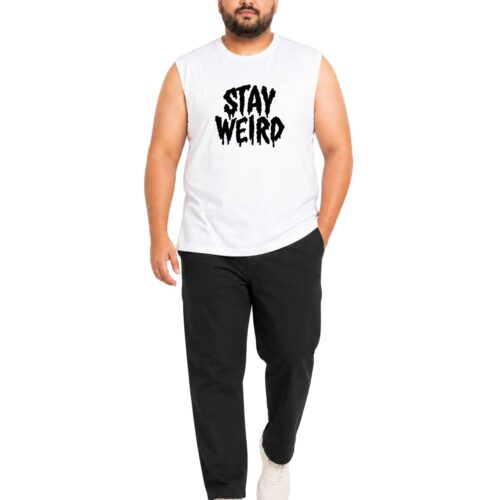 Men’s Plus Size “STAY WEIRD” Printed Sleeveless T-Shirt | Graphic Muscle Tee - Image 3