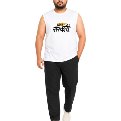 Men’s Plus Size “STAY SANSKARI” Printed Cotton Sleeveless T-Shirt | Hindi Graphic Muscle Tee - Image 3