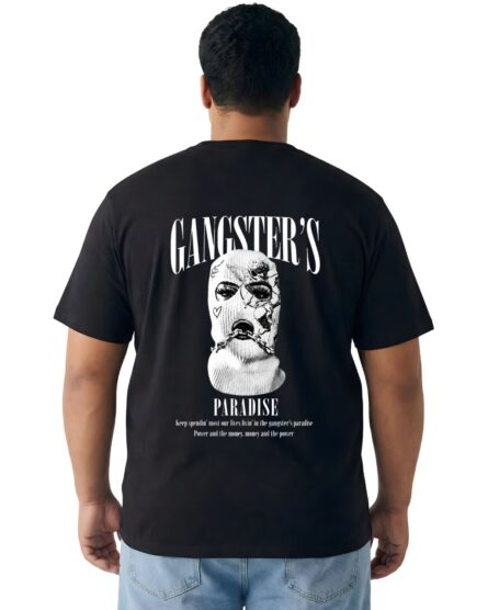 Men’s Plus Size Gangster Printed T-Shirt | Black Streetwear Graphic Tee | Front & Back Print