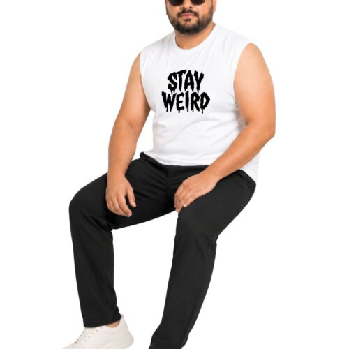Men’s Plus Size “STAY WEIRD” Printed Sleeveless T-Shirt | Graphic Muscle Tee - Image 5